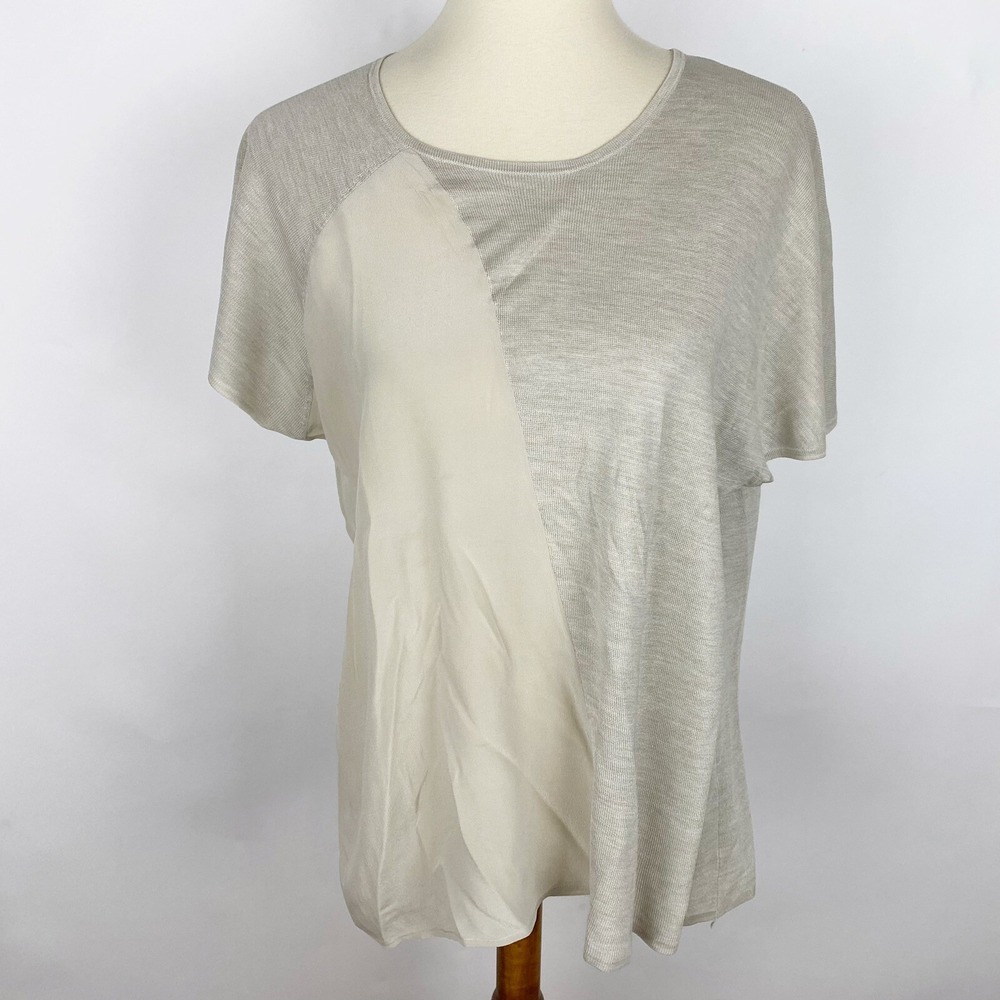 Belford Silk Mixed Media Knit Short Sleeve Top Womens Small Beige Grey
